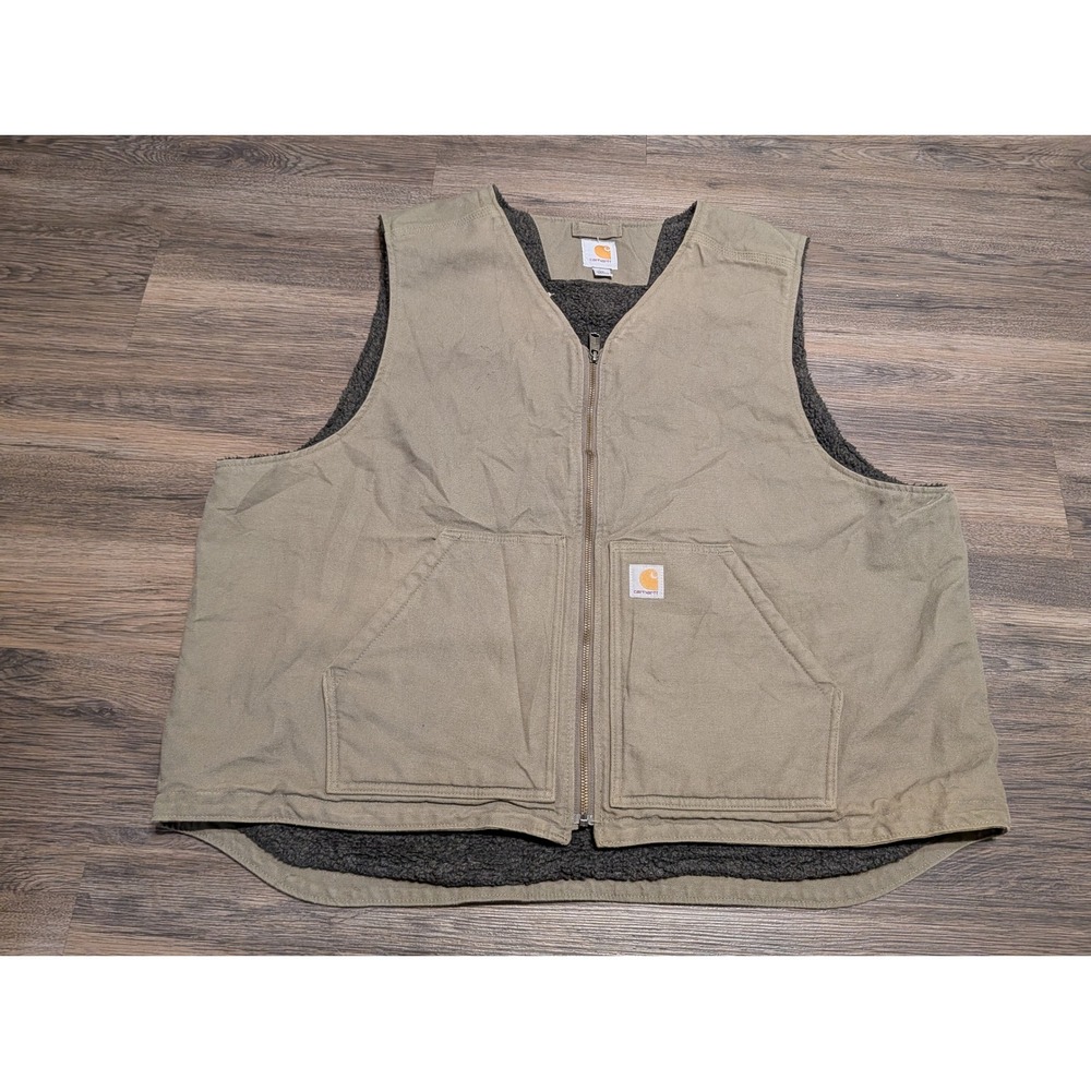 Carhartt Mens 2XL Sherpa Lined Duck Canvas V-Neck Zip Up Work Vest Tan Khaki